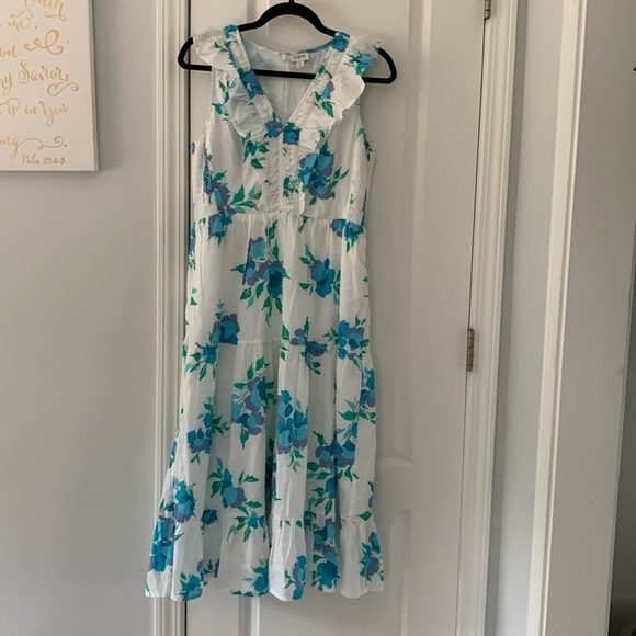 J. Crew Factory Printed V-neck smocked midi dress size 6 white blue pockets - Picture 2 of 15